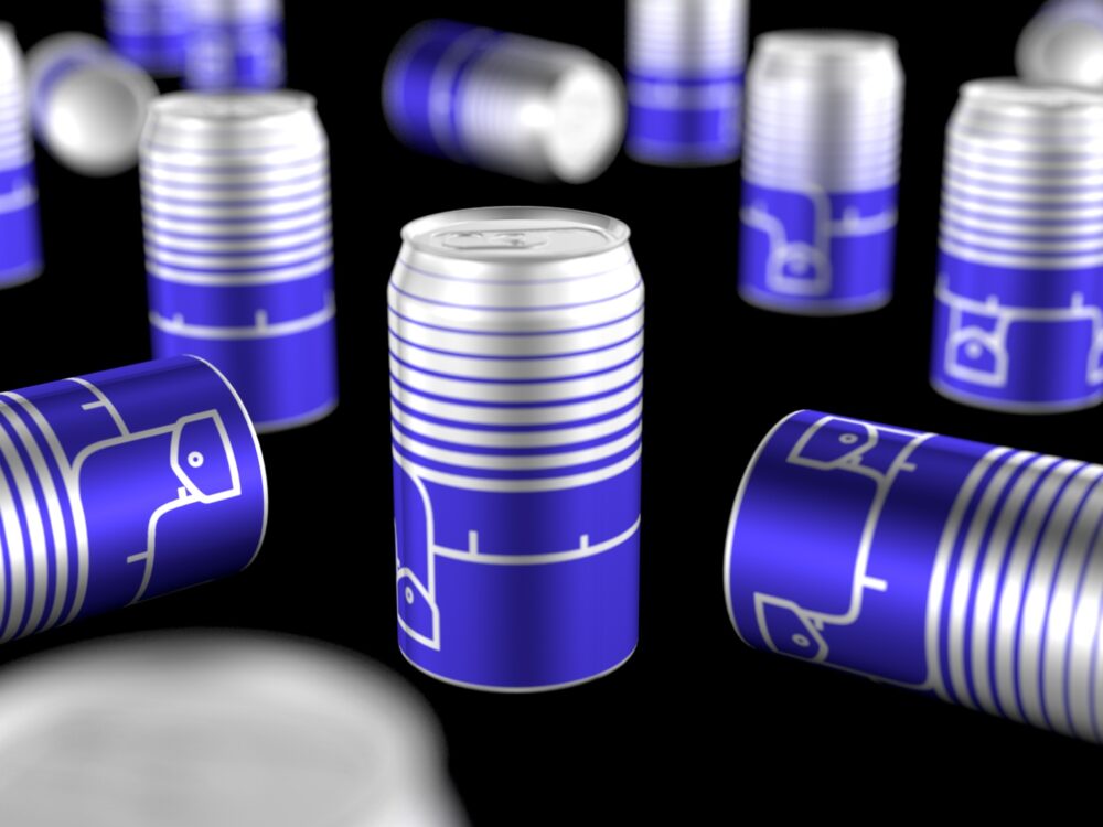 3D rendered soda cans. They have a measuring tape design, wrapped around them (to demonstrate a low fat soda).