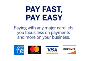 We accept all major payment methods, including American Express, Visa, Mastercard, and Discover. 